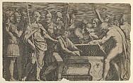 Alexander the Great commanding that the work of Homer be placed in the tomb of Achilles, Anonymous, Engraving