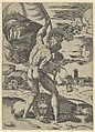 Naked man wearing an elaborate helmet viewed from behind holding a banner, a lion seated on the ground, Marcantonio Raimondi  Italian, Engraving