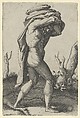 Naked man walking to the right carrying a column base, Marcantonio Raimondi Italian, Engraving