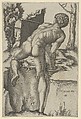 Naked man viewed from behind climbing a river bank, after Michelangelo, Marcantonio Raimondi Italian, Engraving