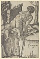 Naked man viewed from behind climbing a river bank, after Michelangelo, Marcantonio Raimondi  Italian, Engraving