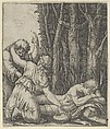 Man sleeping at the edge of a wood with a woman knealing at his side with one hand on a pot and the other on the shoulder of an old man who gestures with left hand towards the sky, Marcantonio Raimondi  Italian, Etching and engraving; only state