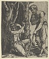Man kneeling at the edge of a wood pointing with his right hand towards a shepherd standing in front of him leaning on a staff, Marcantonio Raimondi  Italian, Engraving; only state