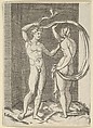 Naked woman viewed from behind holding fabric which billows behind her, looking at naked man standing before her, Anonymous, Engraving