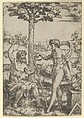 Seated old shepherd gesturing towards the sky and speaking to nude male surrounded by tools of measurement, Marcantonio Raimondi  Italian, Engraving; second state of two