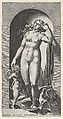 Plate 10: Venus in a niche, standing on a conch shell, with Cupid to her right, from "Mythological Gods and Goddesses", Giovanni Jacopo Caraglio Italian, Engraving