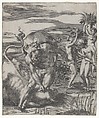 Hercules defeating the river god Acheolus in the form of a bull, with three women to his left holding cornucopias, from "Herculean Subjects", Giovanni Jacopo Caraglio Italian, Engraving