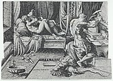 Venus and Mars Embracing as Vulcan Works at His Forge, Enea Vico Italian, Engraving