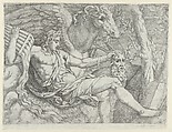 Apollo holding pipes in his right hand accompanied by Pegasus, Angiolo Falconetto  Italian, Etching