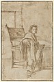 Boy Holding a Sword, Standing near a Table in an Interior; verso: Various Sketches of Figures and Ornamental Forms, Anonymous, Dutch, 17th century, Pen and brown ink, brush and brown ink, black chalk; framing line in pen and brown ink, by a later hand; verso: pen and brown ink, black chalk.