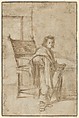 Boy Holding a Sword, Standing near a Table in an Interior (recto); Various Sketches of Figures and Ornamental Forms (verso), Anonymous, Dutch, 17th century, Pen and brown ink, brush and brown wash, over black chalk (recto); pen and brown ink, black chalk (verso); framing lines in pen and brown ink, by a later hand
