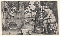 David and Bathsheba, from "Scenes from the Old Testament", Georg Pencz  German, Engraving; first state of two (Landau)
