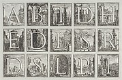 Roman alphabet against architectural backgrounds, from G. P. Zanotti's Il Claustro di San Michele in Bosco di Bologna, Pio Panfili  Italian, Etchings on pale green paper