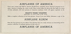 Announcement for Kelley's Weekly Bulletin with cards from the Airplanes of America series (D2), issued by the Kelley Baking Company, including cards Curtis Y. P.- 37, Piper Club, Spirit of St. Louis, Lockhead Transport 14, Douglas T.B.D.-1, Douglas D. C-.3, Boeing Stratoliner, Winnie Mae, Issued by Kelley Baking Company, Commercial color lithograph