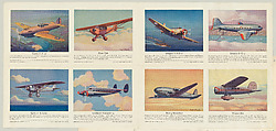 Announcement for Kelley's Weekly Bulletin with cards from the Airplanes of America series (D2), issued by the Kelley Baking Company, including cards Curtis Y. P.- 37, Piper Club, Spirit of St. Louis, Lockhead Transport 14, Douglas T.B.D.-1, Douglas D. C-.3, Boeing Stratoliner, Winnie Mae, Issued by Kelley Baking Company, Commercial color lithograph