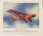 Bellanca Aircruiser, collector card from the Airplanes of America series (D2), issued by the Kelley Baking Company to promote Kelley's Bread, Kelley Baking Company American, Commercial color lithograph