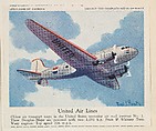 United Air Lines, collector card from the Airplanes of America series (D2), issued by the Kelley Baking Company to promote Kelley's Bread, Kelley Baking Company American, Commercial color lithograph