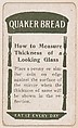 How to Measure Thickness of a Looking Glass, No. 13, card verso, bakery insert card from the How To Do It series (D45), issued by the Welle-Boettler Bakery Company, Welle-Boettler Bakery Company American, Commercial color lithograph