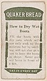 How to Dry Wet Boots, No. 8, card verso, bakery insert card from the How To Do It series (D45), issued by the Welle-Boettler Bakery Company, Welle-Boettler Bakery Company American, Commercial color lithograph