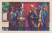 Washington Becomes First President, bakery card from the Frontiers of Freedom series (D39-4), issued by the Gordon Bread Company, Gordon Bread Company American, Commercial color lithograph