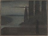 A Hooded Figure in a Landscape, Herbert E. Crowley British, Colored chalks over graphite
