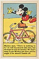 Mickey riding his bicycle, bakery card from the Mickey Mouse series (D52), issued by Bamby Bread, Bamby Bread  American, Commercial color lithograph