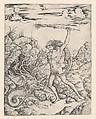 Hercules and the Hydra; wielding a torch he attacks the winged, multi-headed Hydra in rocky landscape, a hawk attacks a heron in the sky, Cristofano di Michele Martini (Il Robetta)  Italian, Engraving