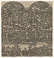 The Last Judgment, Christ at top center surrounded by many figures, below figures sound trumpets and people are being forced from the boat into hell, Anonymous, Engraving