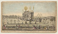 A Perspective View of the Building for the Fireworks in the Green Park taken from the Reservoir, London, 1814, Paul Angier  French, Etching, hand-colored (likely added later)