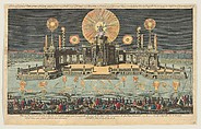A View of ye Grand Theatre & Fireworks erected on ye Water near ye Court at ye Hague (on Occasion of ye General Peace concluded at Aix la Chapelle. Oct. 18. 1748) & Exhibited June 13, 1749, Robert Laurie  British, Etching, hand-colored (likely added later)