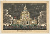 A View of the Temple of Concord Erected in the Green Park, to Celebrate the Glorious Peace of 1814, Exhibiting the Fireworks on the 1st of August, Robert Laurie  British, Etching and engraving, hand-colored (likely added later)