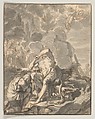 Hercules on the Stake, Johann Heinrich Keller  Swiss, Pen and light brown ink, brush and gray wash; framing lines in pen and brown ink