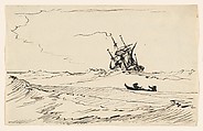 A Storm at Sea with a Large Ship and a Small Boat with Two Figures, Carl August Ehrensvärd Swedish, Pen and black ink
