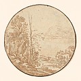 Landscape with a River and a Village, Charles Cornelisz. de Hooch Dutch, Pen and brown ink, brown wash, incised for transfer; framing line in pen and black ink, probably by a later hand