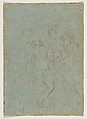A Winged Putto Riding a Sea Horse and a Lion (recto); The Three Graces (verso), Denijs Calvaert (Netherlandish, Antwerp ca. 1540–1619 Bologna), Pen and brown ink, over black chalk (or charcoal), touches of red chalk, highlighted with white gouache, on blue paper (recto); pen and brown ink over black chalk, on blue paper (verso)