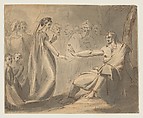 A man in chains converses with a woman, William Hamilton  British, Pen and brown and gray ink, brush and gray and brown wash, over graphite