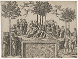 Apollo sitting on Parnassus surrounded by the muses and famous poets, Marcantonio Raimondi Italian, Engraving; second state of five