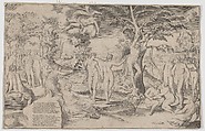 Cupid in the Elysian Fields tied to a tree in the centre, surrounded by many figures, Giulio Bonasone  Italian, Engraving