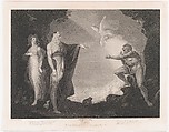 The Enchanted Island Before the Cell of Prospero - Prospero, Miranda, Caliban and Ariel (Shakespeare, The Tempest, Act 1, Scene 2), Peter Simon  British, Stipple engraving; fourth state of four