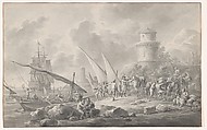 Soldiers Loading Barges for a Large Sailing Ship Along the Coast, Dirk Langendijk Dutch, Pen and brown ink, brush and gray wash