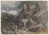 Driving sheep in a rocky landscape, David Cox British, Black chalk and watercolor, heightened with white gouache (bodycolor) and gum arabic