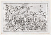 'Anno 1690' (the Year 1690), with numerous warring figures clambering on and hanging from the numbers, allusions to the Allegories of the Four Elements and the Four Continents, Giuseppe Maria Mitelli (Italian, Bologna (?) 1634–1718 Bologna), Etching