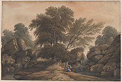 Figures beside a waterfall and pool in a wooded landscape, John Varley British, Watercolor, and traces of graphite