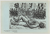 Plate 19: procession of natives followed by members of the Pofrian to falsely celebrate the 1910 centenary and impress foreign visitors while in the foregound an indigenous man is dying from hunger, from the portfolio 'Estampas de la revolución Mexicana' (prints of the Mexican Revolution), Alfredo Zalce Mexican