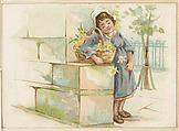 Girl in a blue dress clutching a basket of flowers, bakery card from the Picture Cards series (D63), issued by the Vienna Model Bakery, Vienna Model Bakery American, Commercial color lithograph