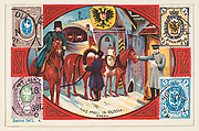 The Mail in Russia, bakery card from the Stamps and Mail Carriers of All Nations series (D73), issued by the Rochester Baking Company, Rochester Baking Company  American, Commercial color lithograph