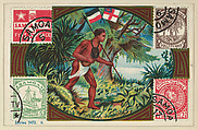 The Mail in Samoa, bakery card from the Stamps and Mail Carriers of All Nations series (D73), issued by the Rochester Baking Company, Rochester Baking Company  American, Commercial color lithograph