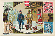 The Mail in Switzerland, bakery card from the Stamps and Mail Carriers of All Nations series (D73), issued by the Rochester Baking Company, Rochester Baking Company  American, Commercial color lithograph