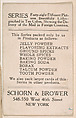 Verso of bakery card from the Stamps and Mail Carriers of All Nations series (D73), issued by Schorn & Brower, Schorn & Brower, Commercial color lithograph