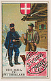 The Mail in Switzerland, bakery card from the Stamps and Mail Carriers of All Nations series (D73), issued by the Rochester Baking Company, Rochester Baking Company  American, Commercial color lithograph